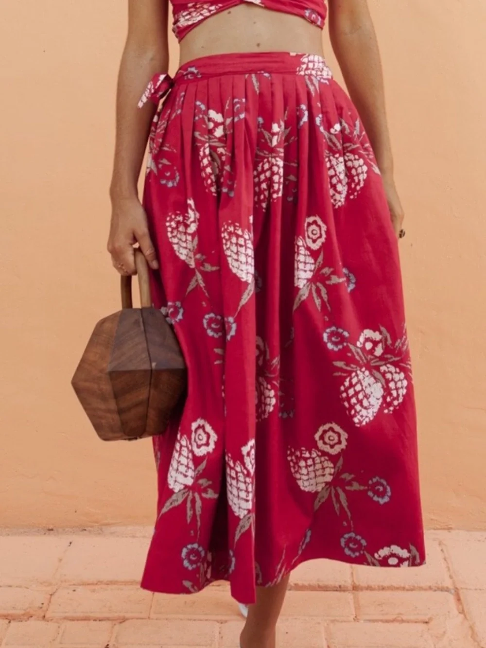 Posse Zina Pineapple Midi Wrap Skirt Red XS Limited Edition 100% Cotton Resort